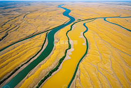 航拍蜿蜒河流与黄色地貌