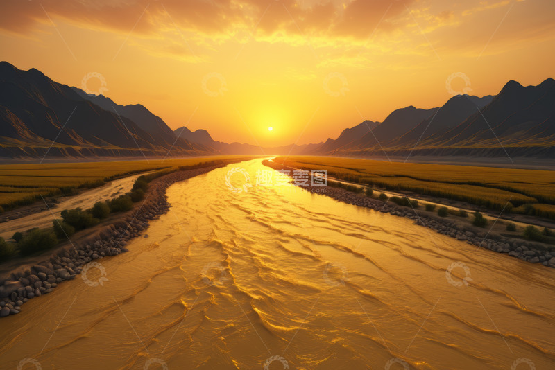 高清大图下载【趣麦麦图】夕阳下河流与山脉风景