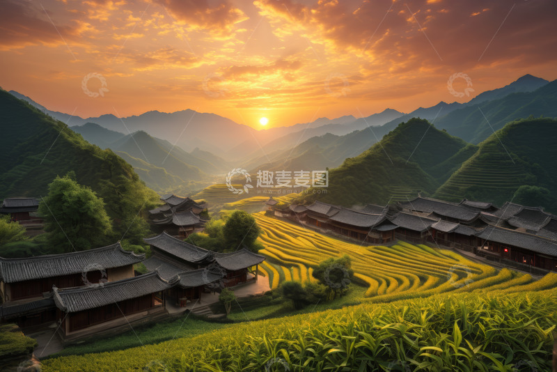 高清大图下载【趣麦麦图】山村梯田日落风光