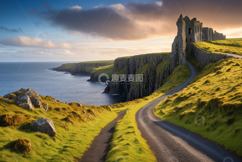 高清大图下载【趣麦麦图】海岸悬崖边的古老城堡与道路