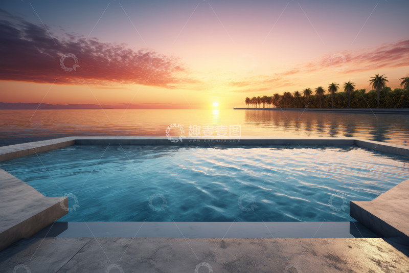 高清大图下载【趣麦麦图】夕阳下泳池与海景景观