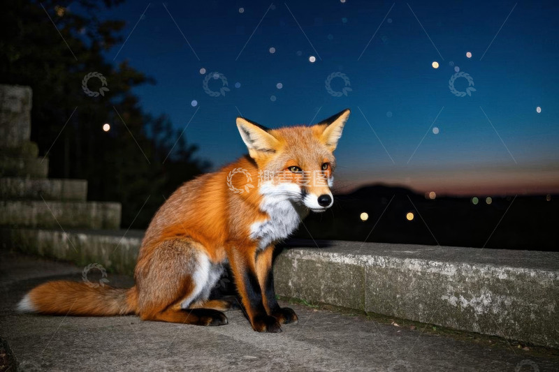 高清大图下载【趣麦麦图】夜晚户外蹲坐的狐狸