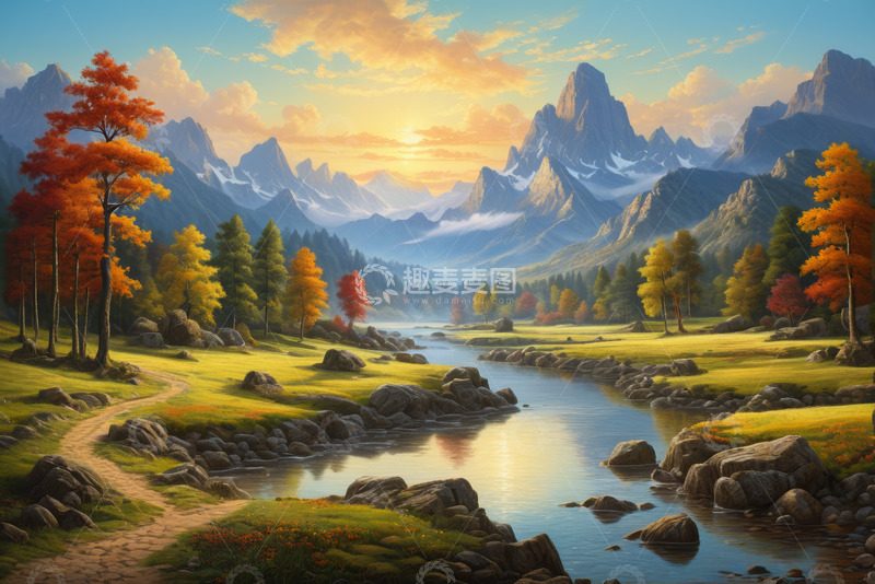 高清大图下载【趣麦麦图】山间河流旁的秋日自然风光