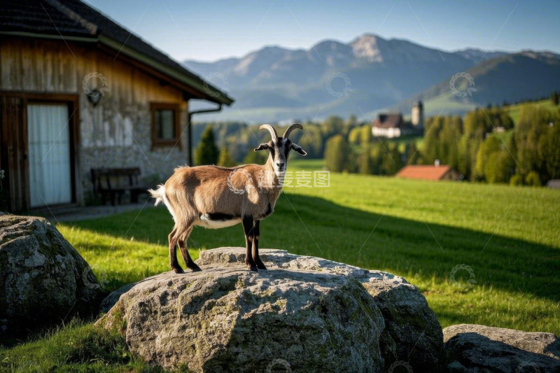 高清大图下载【趣麦麦图】草地上站在石头上的山羊