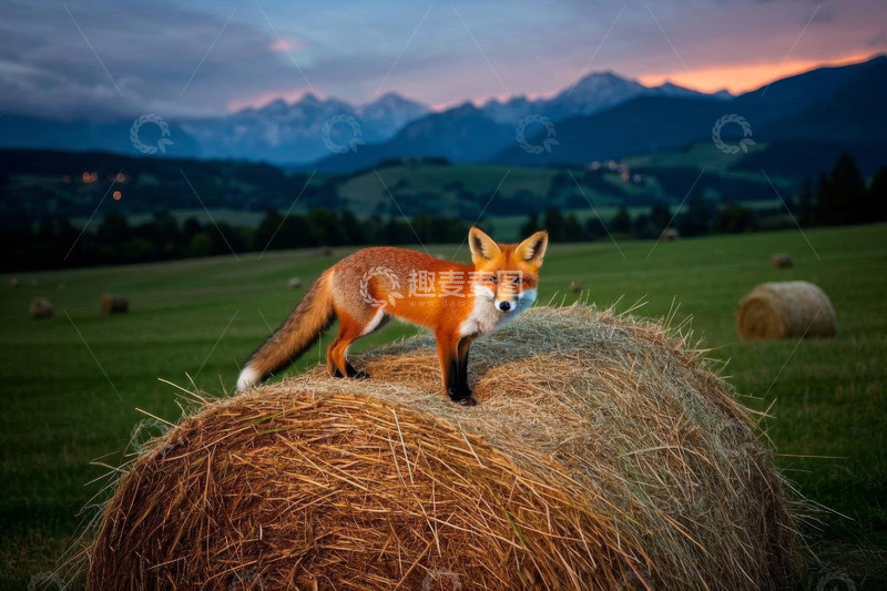 高清大图下载【趣麦麦图】田野草垛上站立的狐狸