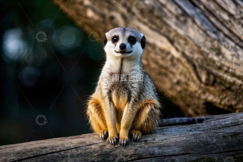 高清大图下载【趣麦麦图】猫鼬坐于木头上特写