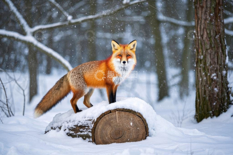 高清大图下载【趣麦麦图】雪地中站立在木头上的狐狸
