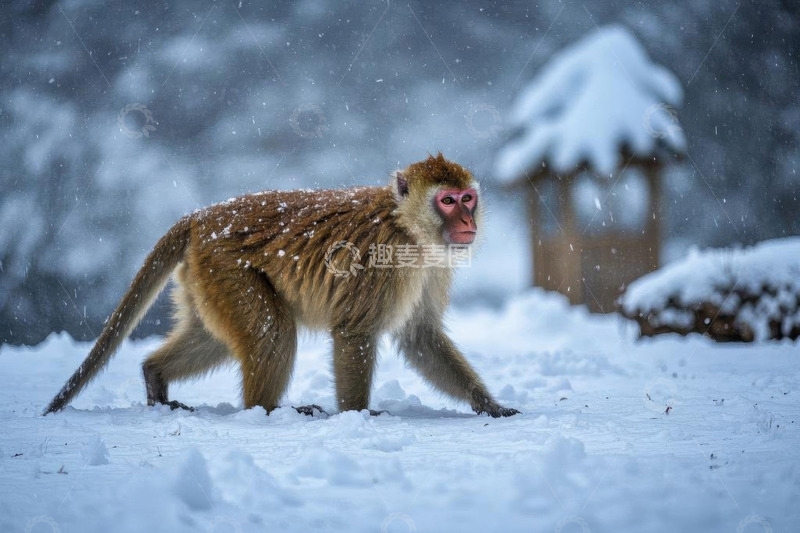 高清大图下载【趣麦麦图】雪地里行走的猕猴