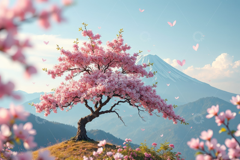 高清大图下载【趣麦麦图】富士山下盛开的樱花树