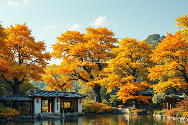 高清大图下载【趣麦麦图】秋日中式园林湖畔景色