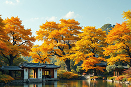 秋日中式园林湖畔景色
