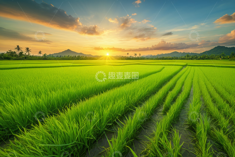 高清大图下载【趣麦麦图】夕阳下的绿色稻田风光