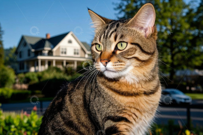 高清大图下载【趣麦麦图】户外庭院中的虎斑猫特写