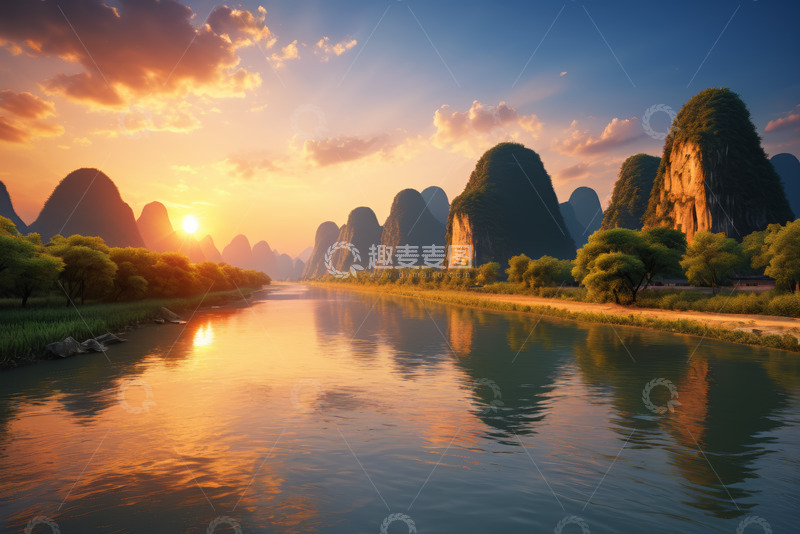 高清大图下载【趣麦麦图】广西漓江日落山水风光