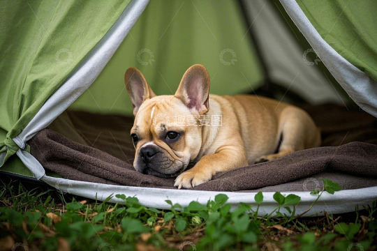帐篷内趴着的法国斗牛犬