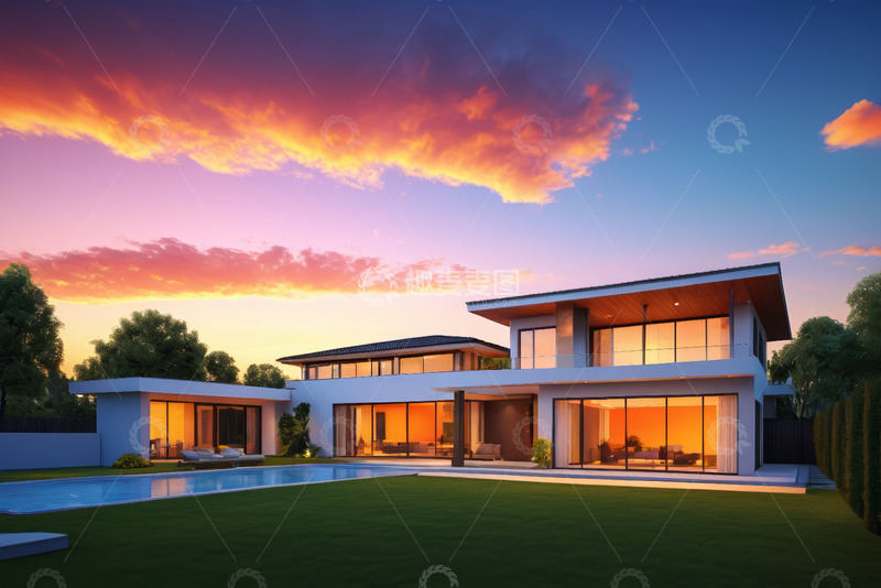 高清大图下载【趣麦麦图】黄昏下的现代别墅景观