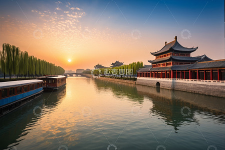 河畔古建筑日出景观