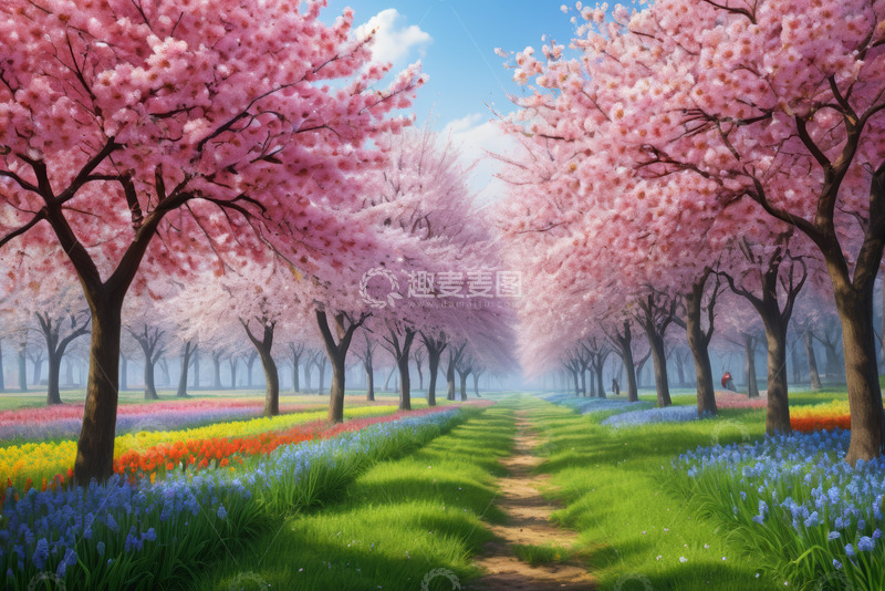 高清大图下载【趣麦麦图】春日樱花树与花田风景