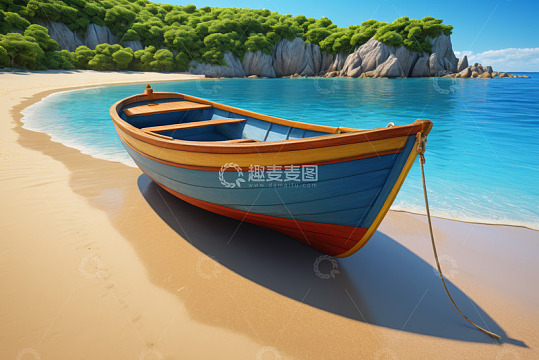 沙滩上停泊的彩色木船