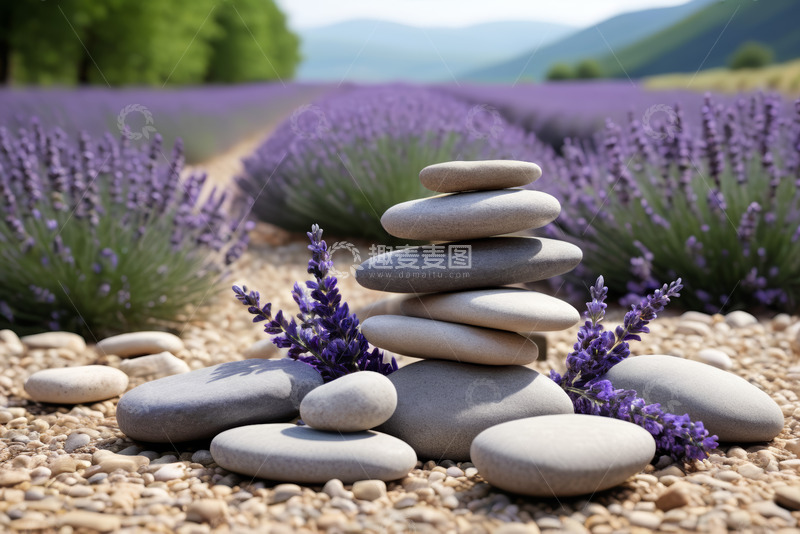 高清大图下载【趣麦麦图】薰衣草田中的叠石景观