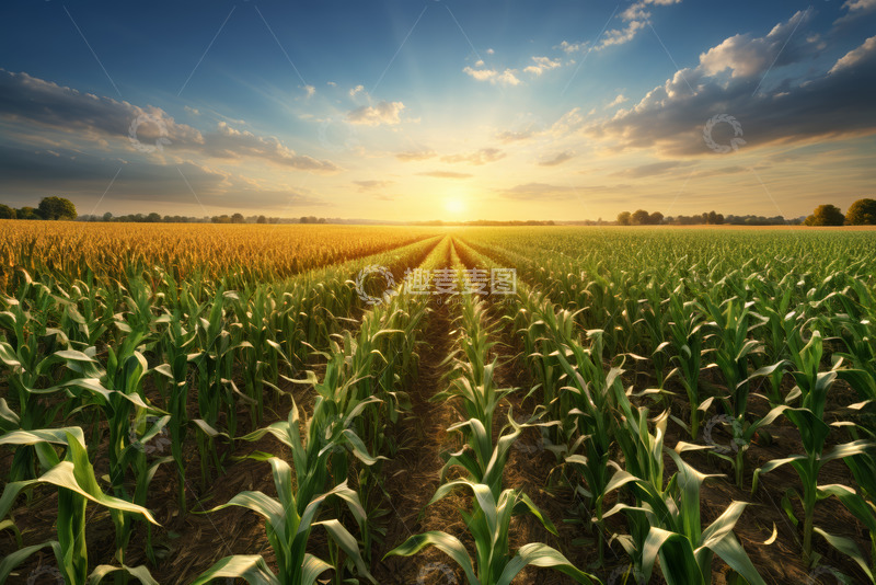 高清大图下载【趣麦麦图】夕阳下的玉米田风光