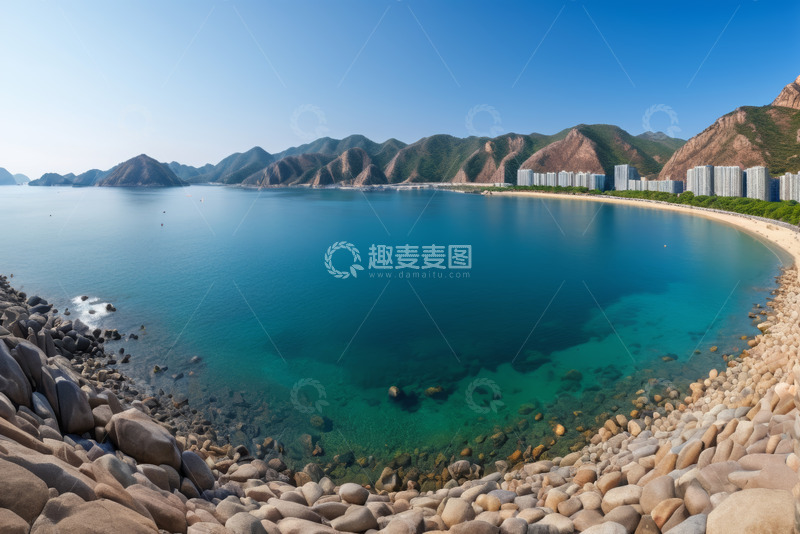 高清大图下载【趣麦麦图】海边山景与城市建筑全景