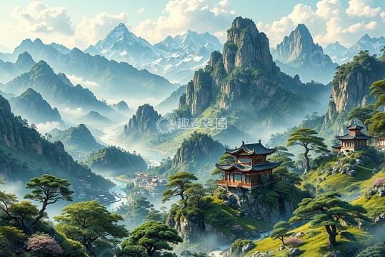 中式山水风景中的古建筑景观