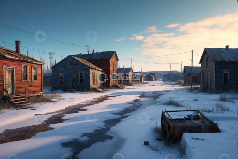 高清大图下载【趣麦麦图】雪后乡村老旧房屋景象