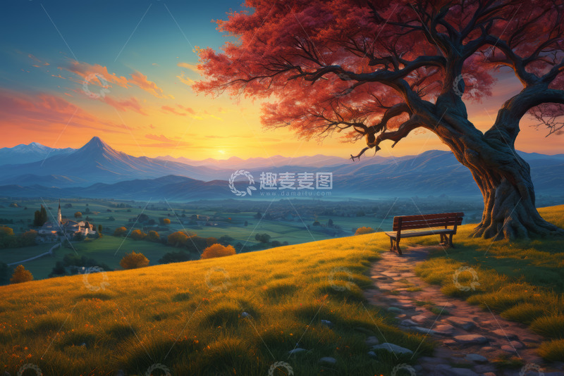 高清大图下载【趣麦麦图】夕阳下山坡上的红树与长椅风景