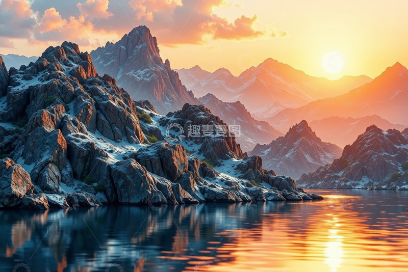 高清大图下载【趣麦麦图】夕阳下的山水景观