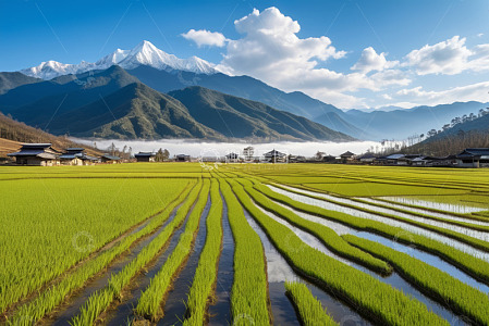 山间水田与远处民居风景