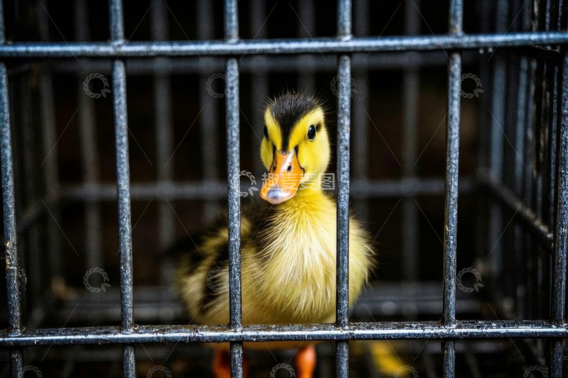 高清大图下载【趣麦麦图】笼子里的小黄鸭特写