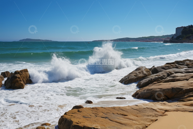 高清大图下载【趣麦麦图】海浪拍打海岸岩石景象