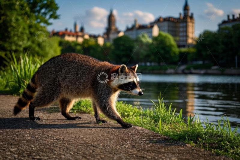 高清大图下载【趣麦麦图】河边行走的浣熊