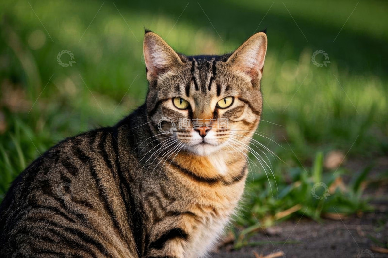 高清大图下载【趣麦麦图】户外草地中的虎斑猫