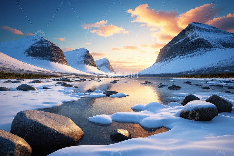 高清大图下载【趣麦麦图】雪山湖泊日落自然景观