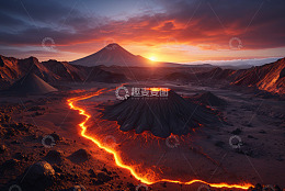黄昏下火山与流动岩浆景观