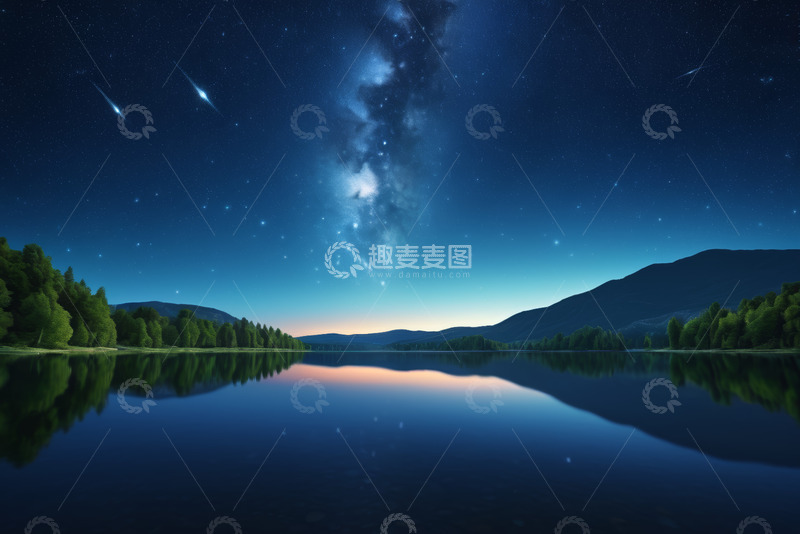 高清大图下载【趣麦麦图】星空下宁静湖泊与森林景观
