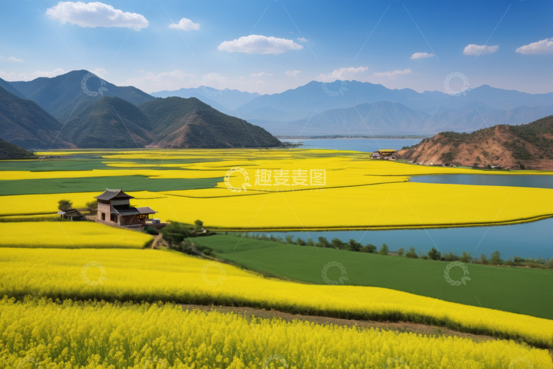 高清大图下载【趣麦麦图】田园油菜花与山水景观