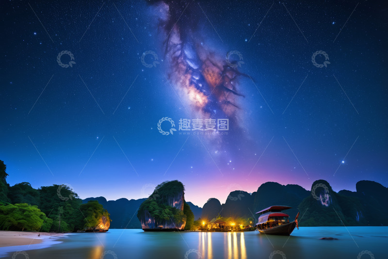高清大图下载【趣麦麦图】夜空下海湾与船只的美景