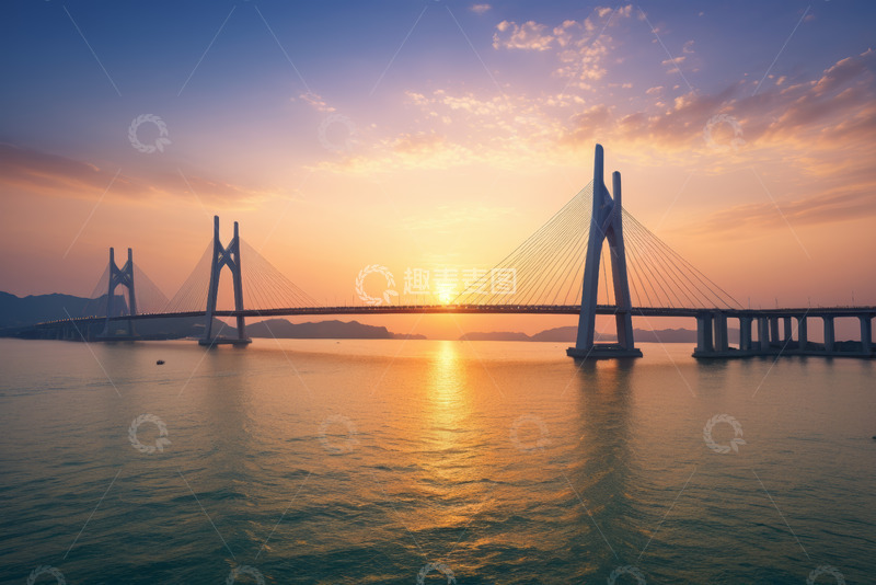 高清大图下载【趣麦麦图】日落时分海上大桥景观