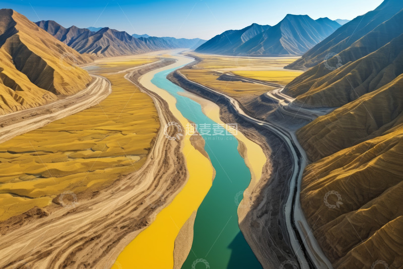 高清大图下载【趣麦麦图】山川间蜿蜒河流航拍全景