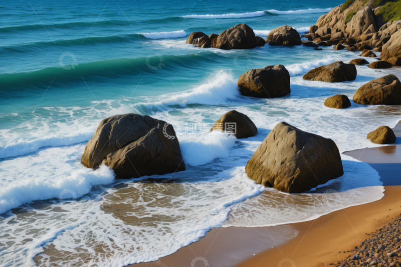 高清大图下载【趣麦麦图】海浪拍打海滩礁石景象