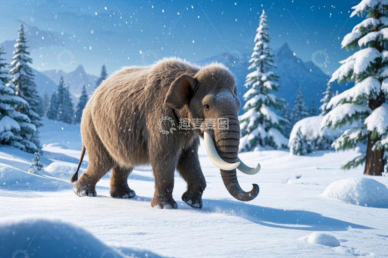 高清大图下载【趣麦麦图】雪地中行走的猛犸象