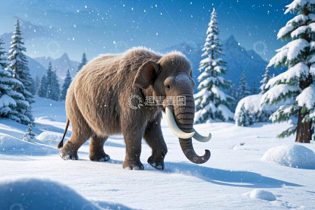 雪地中行走的猛犸象