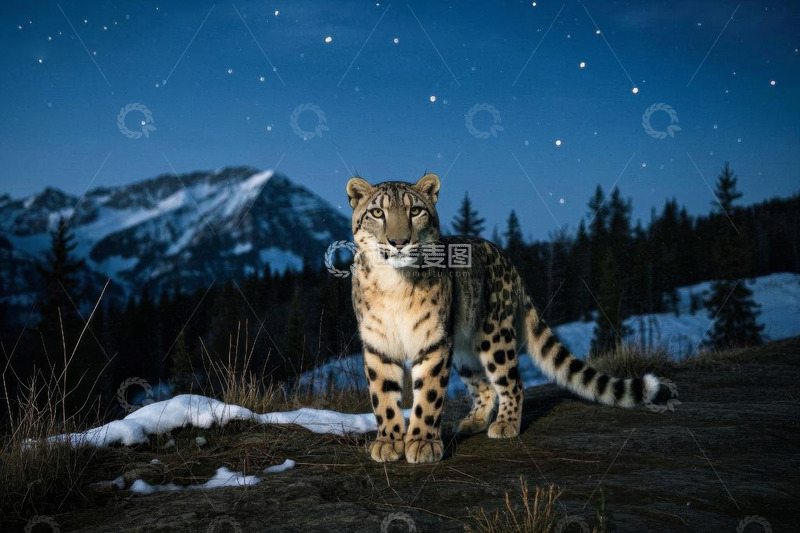 高清大图下载【趣麦麦图】雪夜山林中的花豹特写
