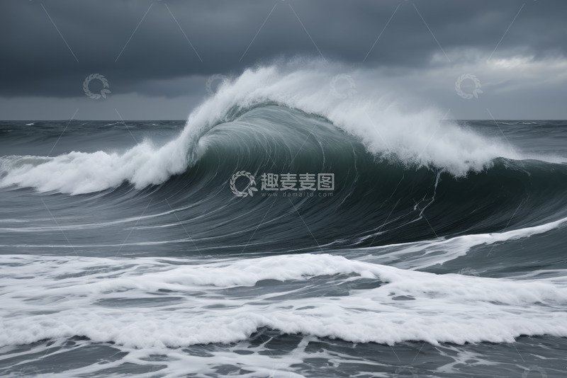 高清大图下载【趣麦麦图】汹涌海浪在阴沉天空下的景象