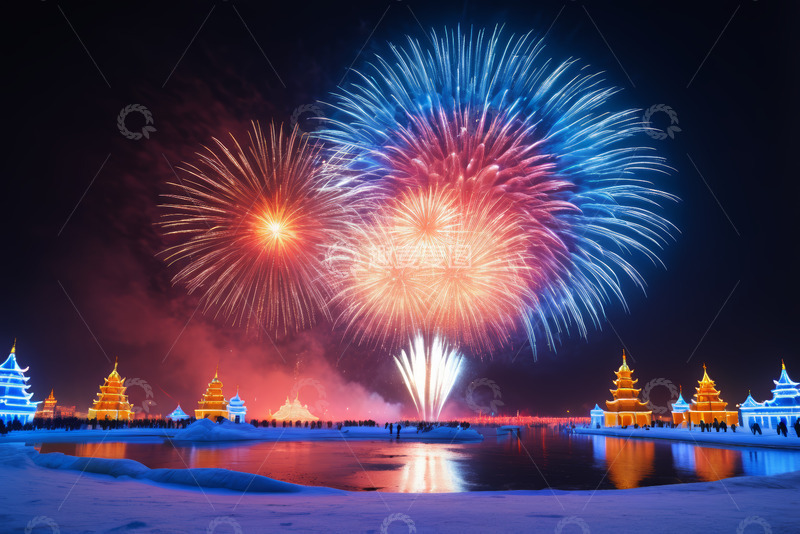 高清大图下载【趣麦麦图】夜晚湖边古建筑上空的烟花
