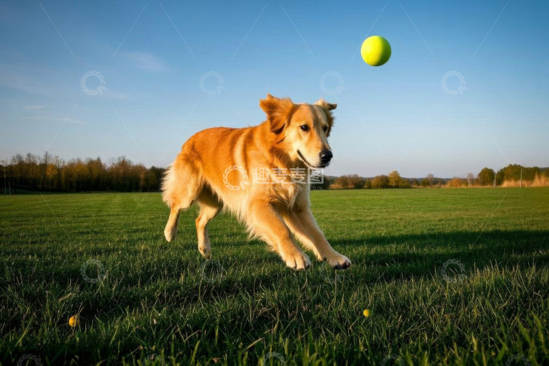 高清大图下载【趣麦麦图】金毛犬草地追逐黄色球