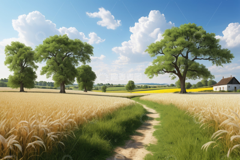 高清大图下载【趣麦麦图】田野间麦田与绿树风景